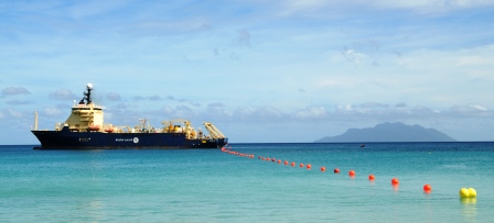 Description: The ship Ile de Sein, anchored off Beau Vallon beach, was used for the laying of the undersea cable all the way from Dar es Salaam, Tanzania to Seychelles 