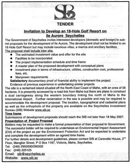 Tender published by SIB for the development of an 18-hole golf resort onIle Aurore.