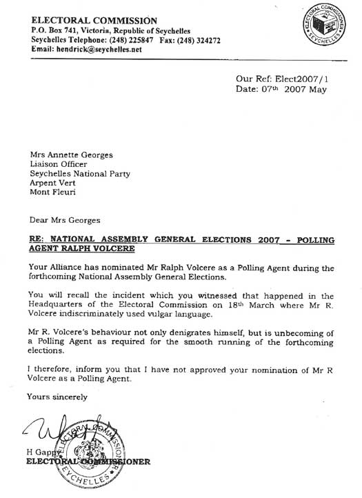 Letter 2 from Electoral Commissioner.