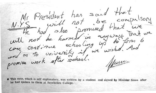 A student memo signed by Guy Sinon