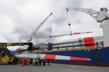 Description: Offloading the turbine parts Thursday at the New Port