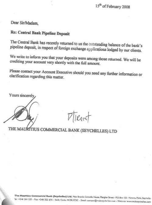 Letter from the Mauritius Commercial Bank